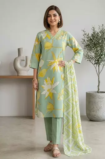 Green printed cotton blend stitched floral print salwar kurta dupatta for women