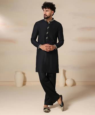 Gota embellished pure cotton silk mens black kurta set 1