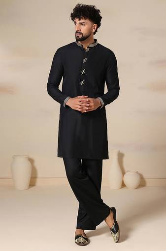 Gota embellished pure cotton silk mens black kurta set