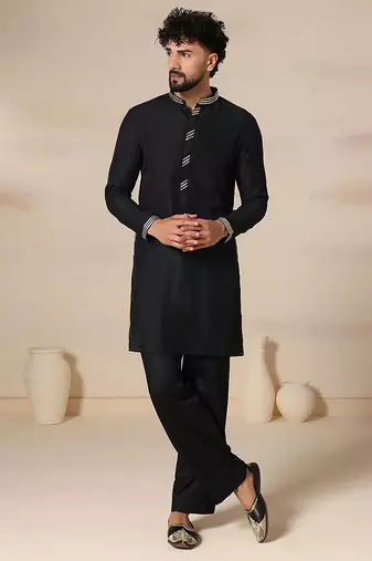 Gota embellished pure cotton silk mens black kurta set