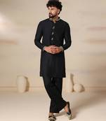 Gota embellished pure cotton silk mens black kurta set