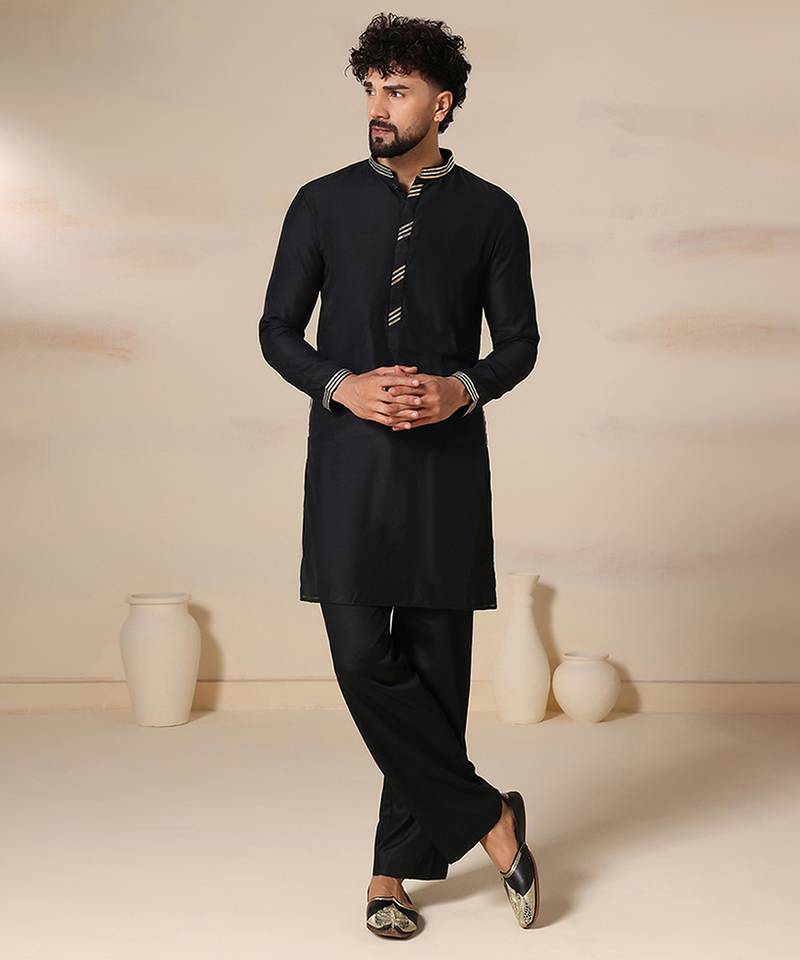Gota embellished pure cotton silk mens black kurta set