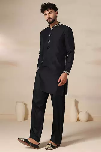 Gota embellished pure cotton silk mens black kurta set