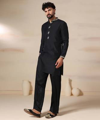 Gota embellished pure cotton silk mens black kurta set 3