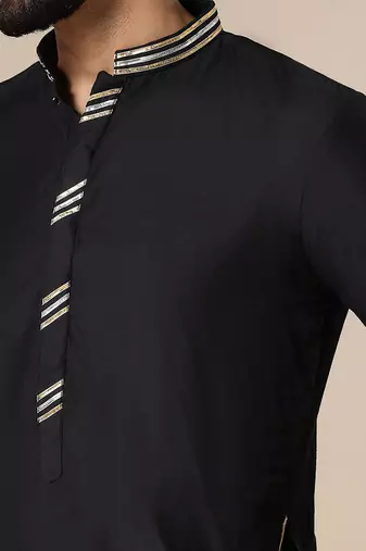 Gota embellished pure cotton silk mens black kurta set