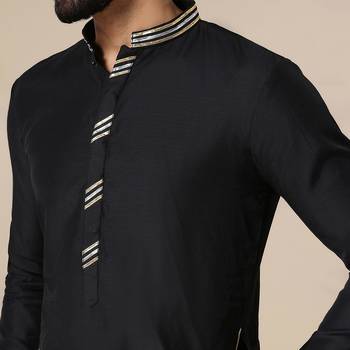 Gota embellished pure cotton silk mens black kurta set 5
