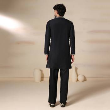 Gota embellished pure cotton silk mens black kurta set 6
