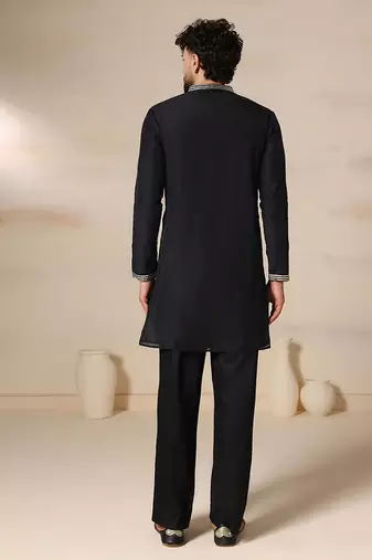 Gota embellished pure cotton silk mens black kurta set