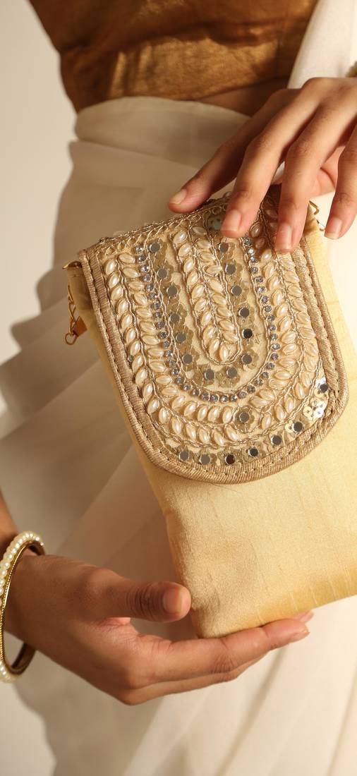 Beige satin sling bag