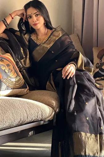 banarasi silk blend blend black color woven saree with blouse