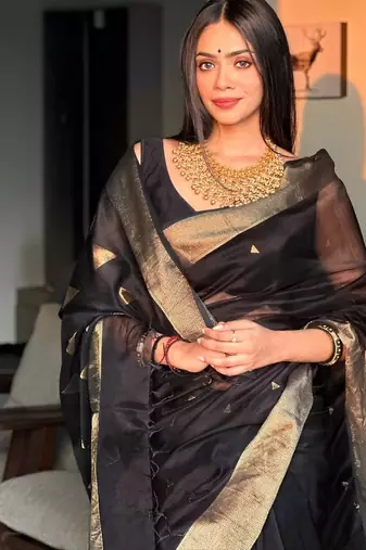 banarasi silk blend blend black color woven saree with blouse