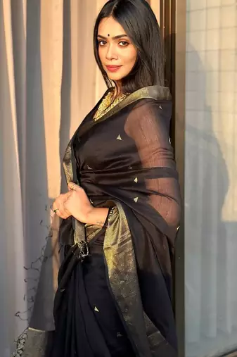 banarasi silk blend blend black color woven saree with blouse