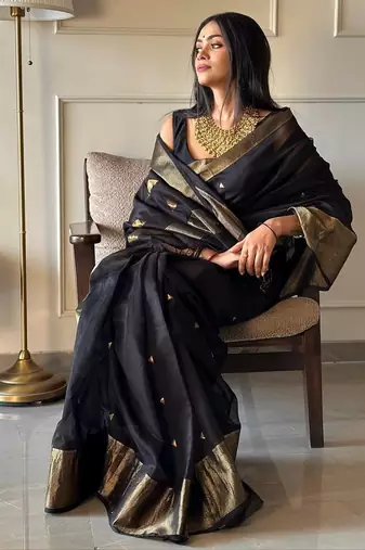 banarasi silk blend blend black color woven saree with blouse