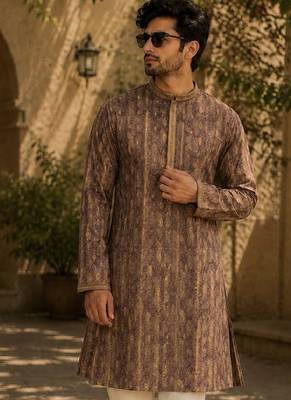 Brawn cotton embroidery party wear kurta and payjama 2