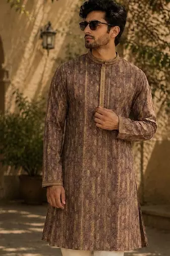 Brawn cotton embroidery party wear kurta and payjama