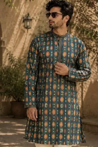 Green cotton embroidery party wear kurta and payjama