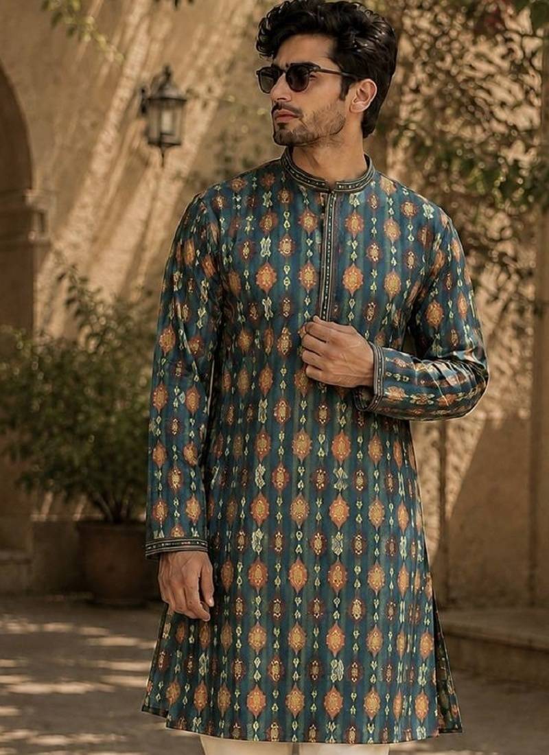 Green cotton embroidery party wear kurta and payjama