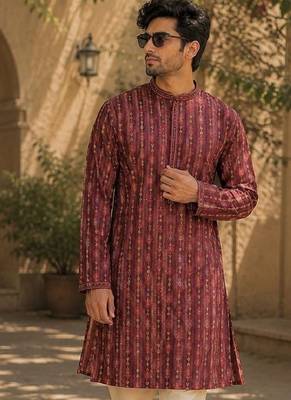Maroon cotton embroidery party wear kurta and payjama 2