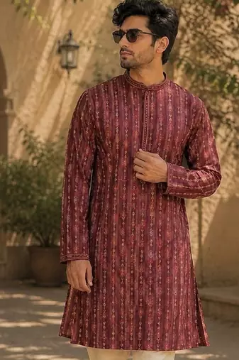 Maroon cotton embroidery party wear kurta and payjama