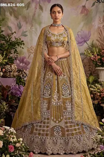 Mustard net embroidered designer lehenga choli set