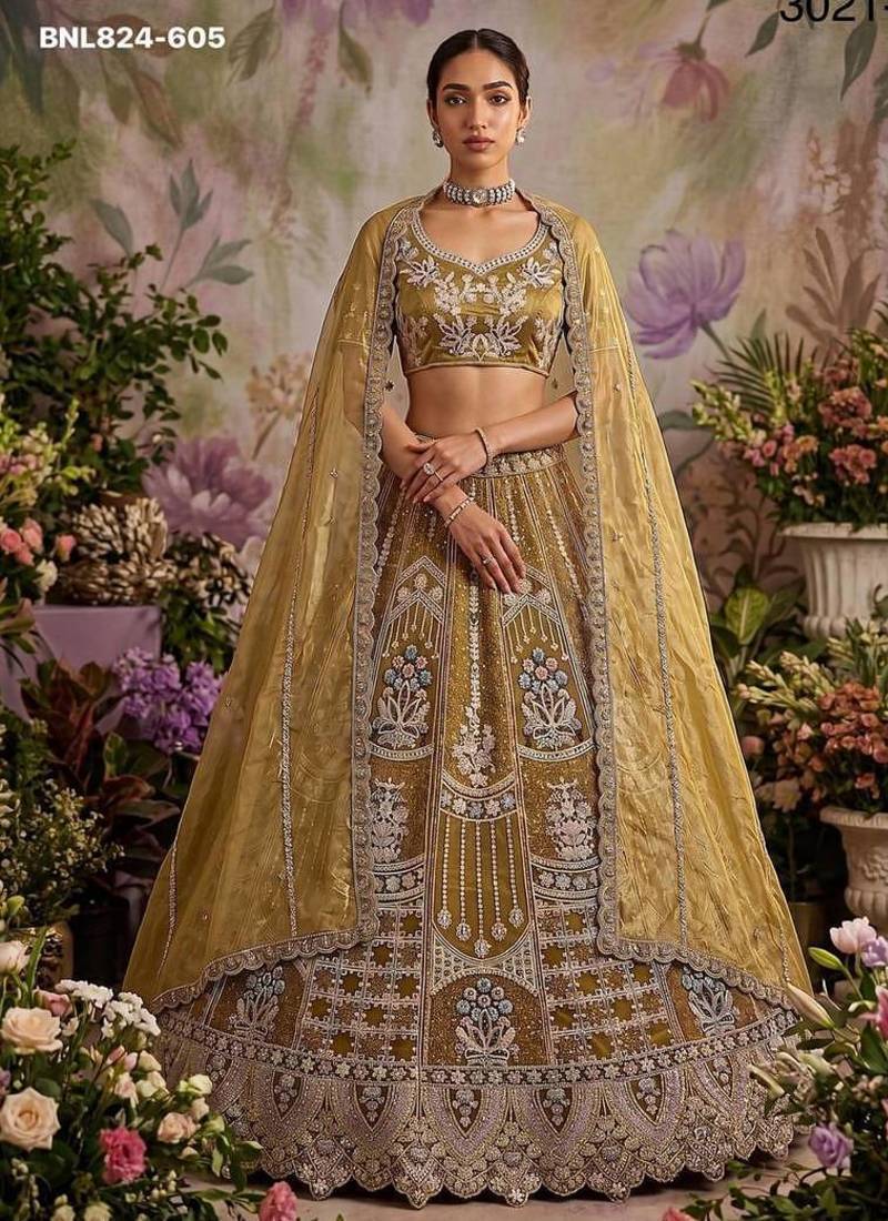 Mustard net embroidered designer lehenga choli set