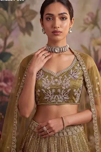 Mustard net embroidered designer lehenga choli set
