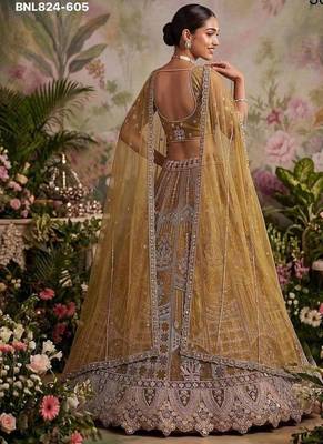 Mustard net embroidered designer lehenga choli set 3