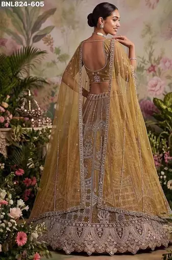 Mustard net embroidered designer lehenga choli set