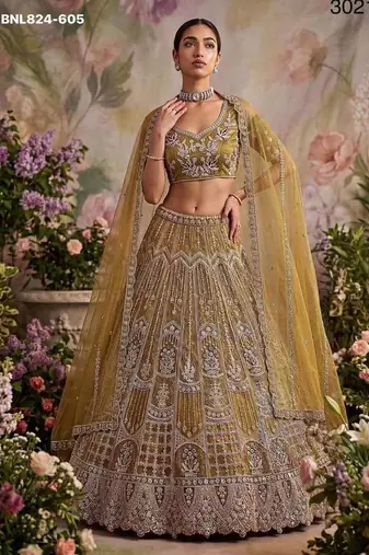 Mustard net embroidered designer lehenga choli set
