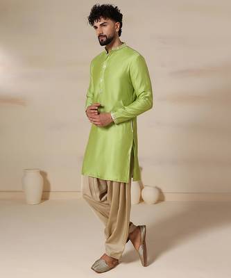 Gota embellished pure cotton silk mens green kurta set 1