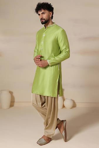 Gota embellished pure cotton silk mens green kurta set