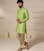 Gota embellished pure cotton silk mens green kurta set