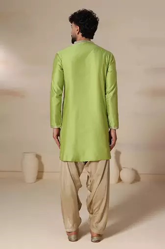 Gota embellished pure cotton silk mens green kurta set