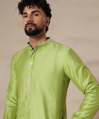 Gota embellished pure cotton silk mens green kurta set 3