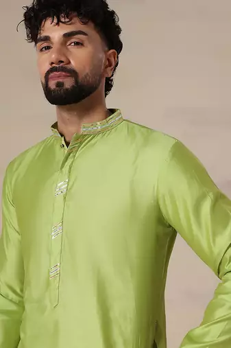 Gota embellished pure cotton silk mens green kurta set