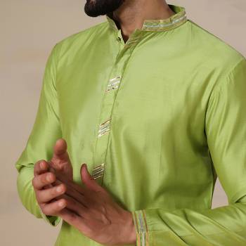 Gota embellished pure cotton silk mens green kurta set 4