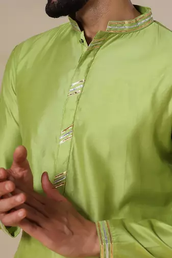 Gota embellished pure cotton silk mens green kurta set