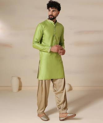 Gota embellished pure cotton silk mens green kurta set 5
