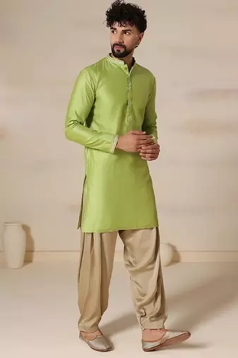 Gota embellished pure cotton silk mens green kurta set
