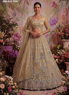 Beige net embroidered designer lehenga choli set 1