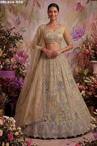 Beige net embroidered designer lehenga choli set