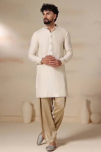Gota embellished pure cotton silk mens cream color kurta set