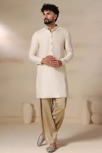 Gota embellished pure cotton silk mens cream color kurta set
