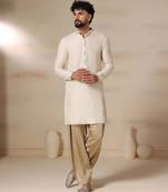 Gota embellished pure cotton silk mens cream color kurta set