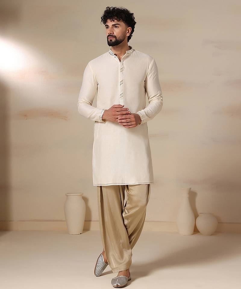 Gota embellished pure cotton silk mens cream color kurta set