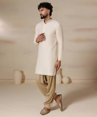 Gota embellished pure cotton silk mens cream color kurta set 2