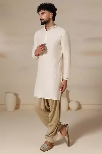 Gota embellished pure cotton silk mens cream color kurta set