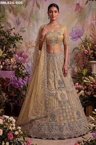Beige net embroidered designer lehenga choli set