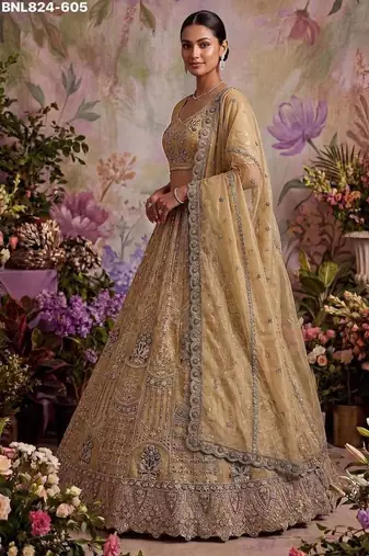 Beige net embroidered designer lehenga choli set