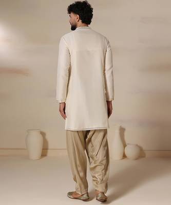 Gota embellished pure cotton silk mens cream color kurta set 3